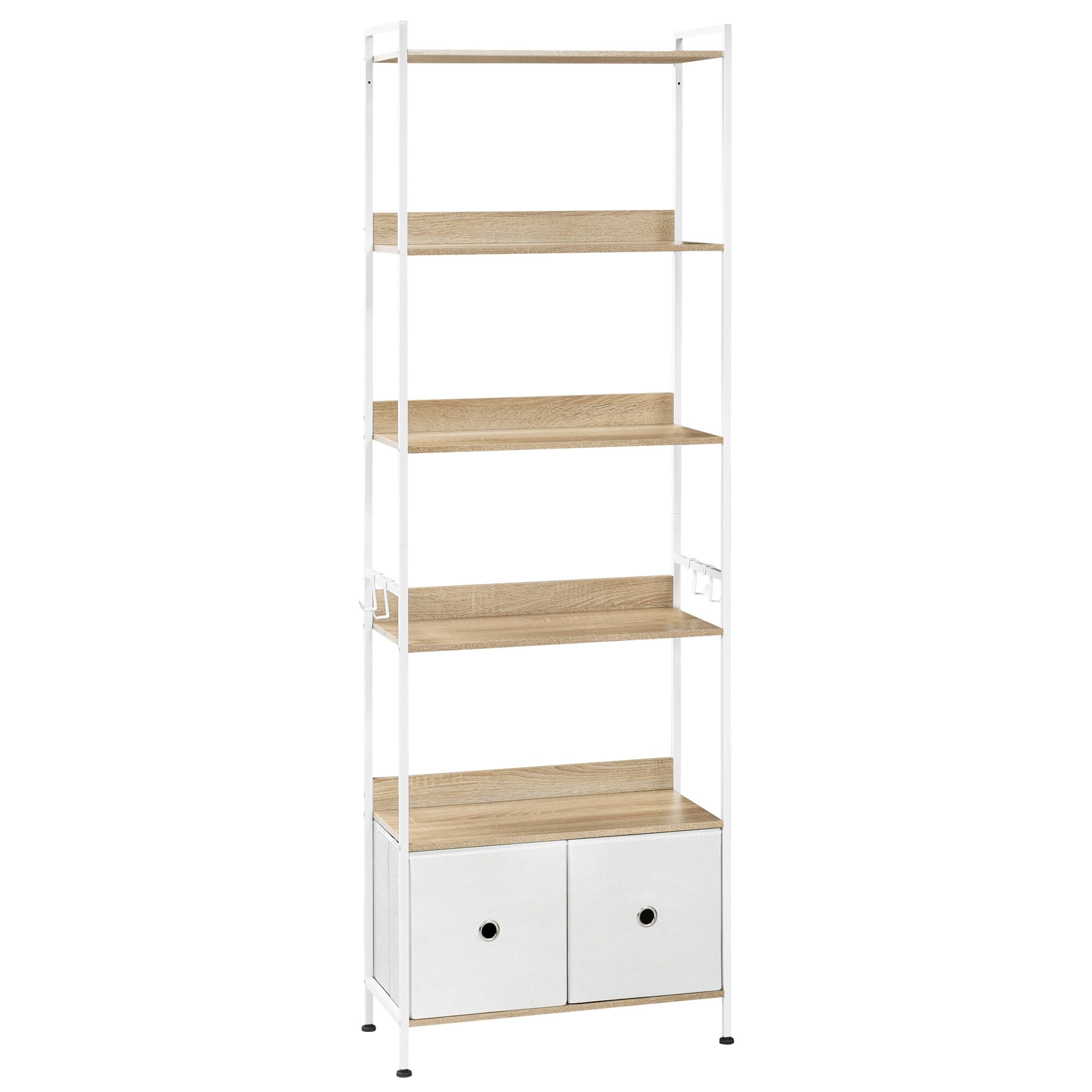 WOLTU Libreria a 5 Piani con 2 Cassetti, Scaffale di Stoccaggio a Pavimento, Moderno, Struttura in Acciaio, Soggiorno/Ufficio/Studio/Cucina/Camera da Letto, Rovere Chiaro+Bianco, RGB62whe
