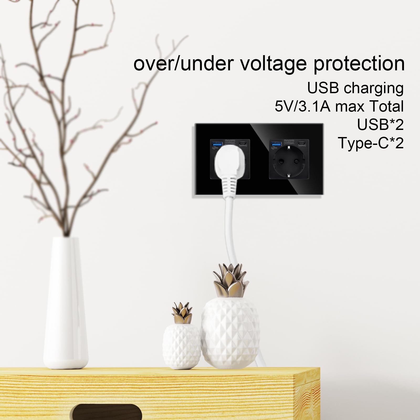 JIMEIDA Lot de 2 prises doubles avec USB en noir, prises Schuko en verre 16 A avec charge rapide, port USB et port de type C max. 3,1 A, 157 x 86 mm, 250 V, 2 prises