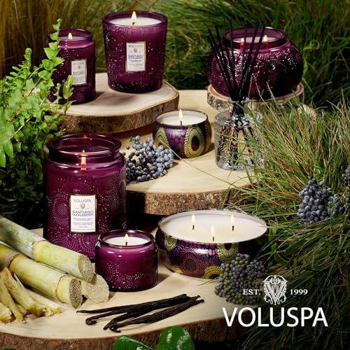 Image of Voluspa Santiago Huckleberry Large Scented Candle Jar 18 Oz, 100 Hr Burn | Coconut Wax Blend in Decorative Glass, Clean Even Burn, USA Handcrafted Gift for Hosts, Fragrance Lovers & Relaxed Rooms