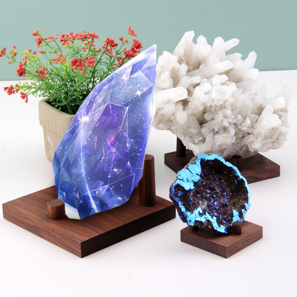 WAYUTO Walnut Crystal Display Stand Three-Peg Display Easel Stands for Fossil Coral Geodes Rock Mineral Agate