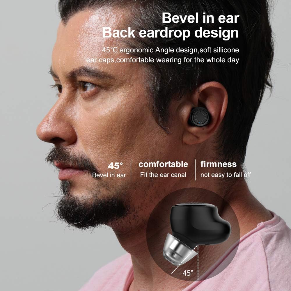 Close-up of an OVEVO Q62 earbud in an ear, showing the 45-degree ergonomic design and comfortable fit.