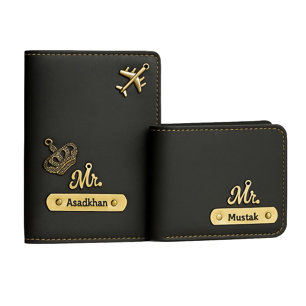 celed Personalised Leather Passport Cover and Wallet Combo, Gold Charm, Name Plate, Travel Gift Set (Black)-picture-4