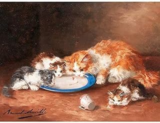 Brunel-neuville Mother Cat Kittens Painting Art Print Canvas Premium Wall Decor Poster Mural