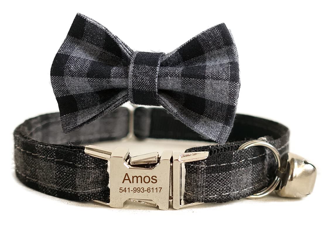 Personalized Kitten Collar with Bell Bowtie, Customized Engraved Small Puppy Cat Name and Phone Number (S, Black)