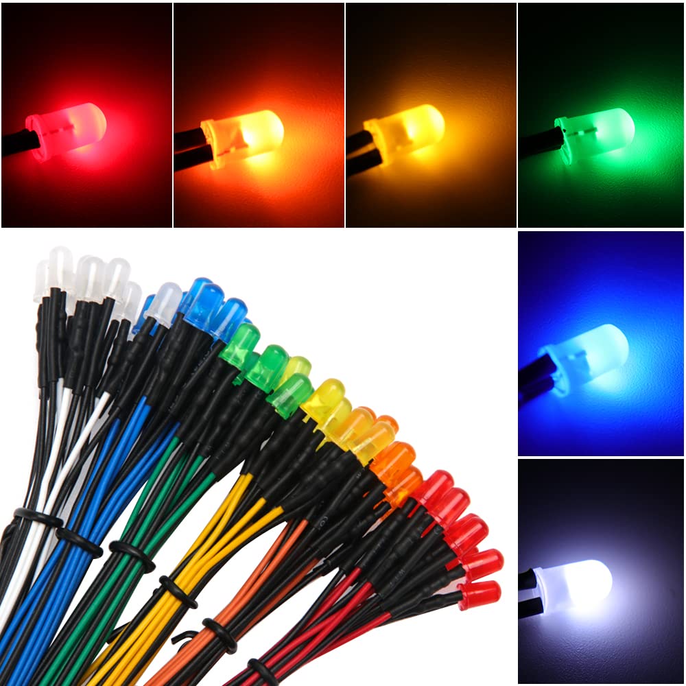 60 Sztuk 5mm 12V Przewodowe Diody LED z Rozproszoną Kolorową Soczewką, Biały Czerwony Pomarańczowy Żółty Niebieski Zielony, 20cm Dioda LED + 60 Sztuk 5mm Plastikowy Uchwyt LED