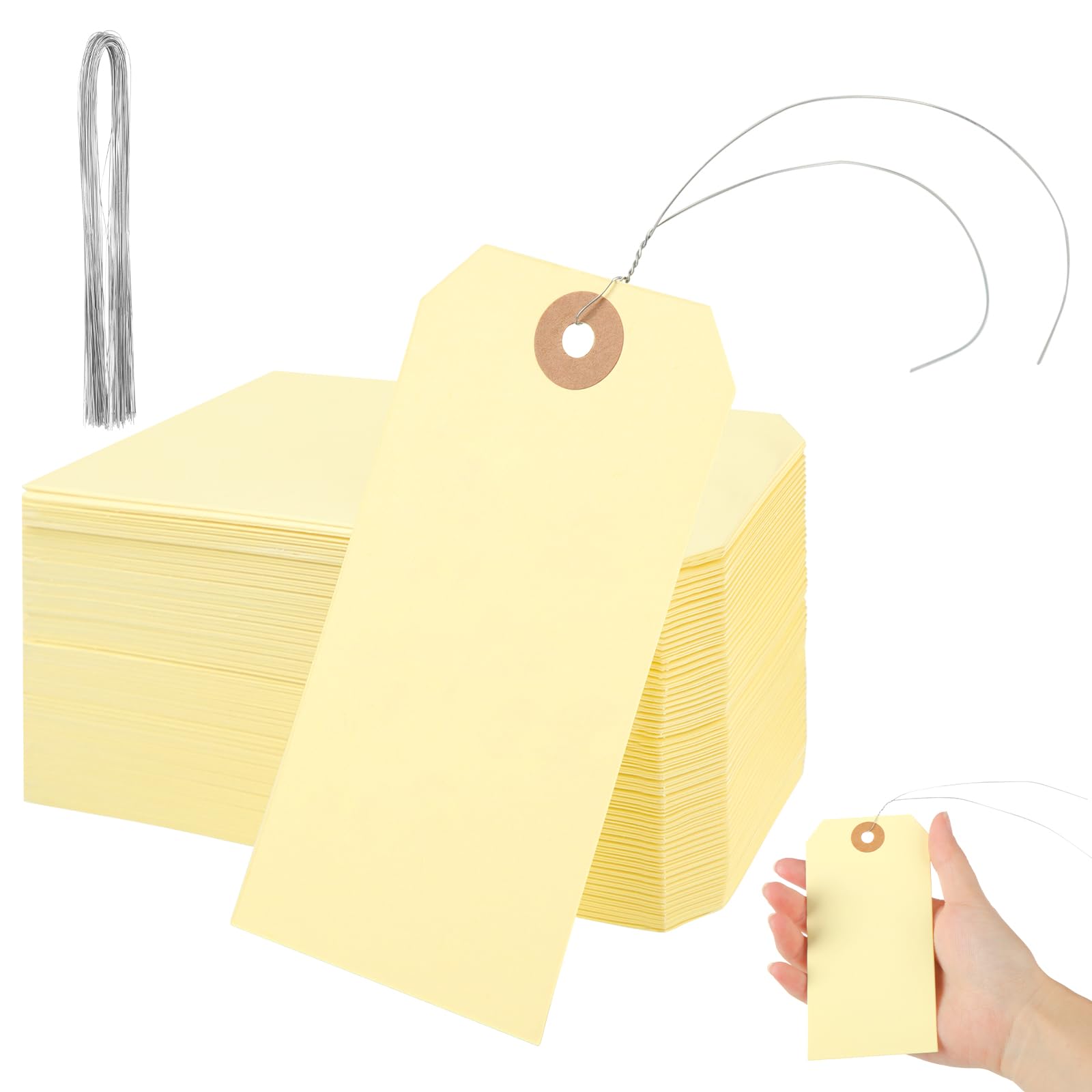 100Pcs Blank Tags with Wire 4 3/4 x 2 3/8 inches Manila Hang Tags with String Write on Clothing Paper Labels Attached Reinforced Hole