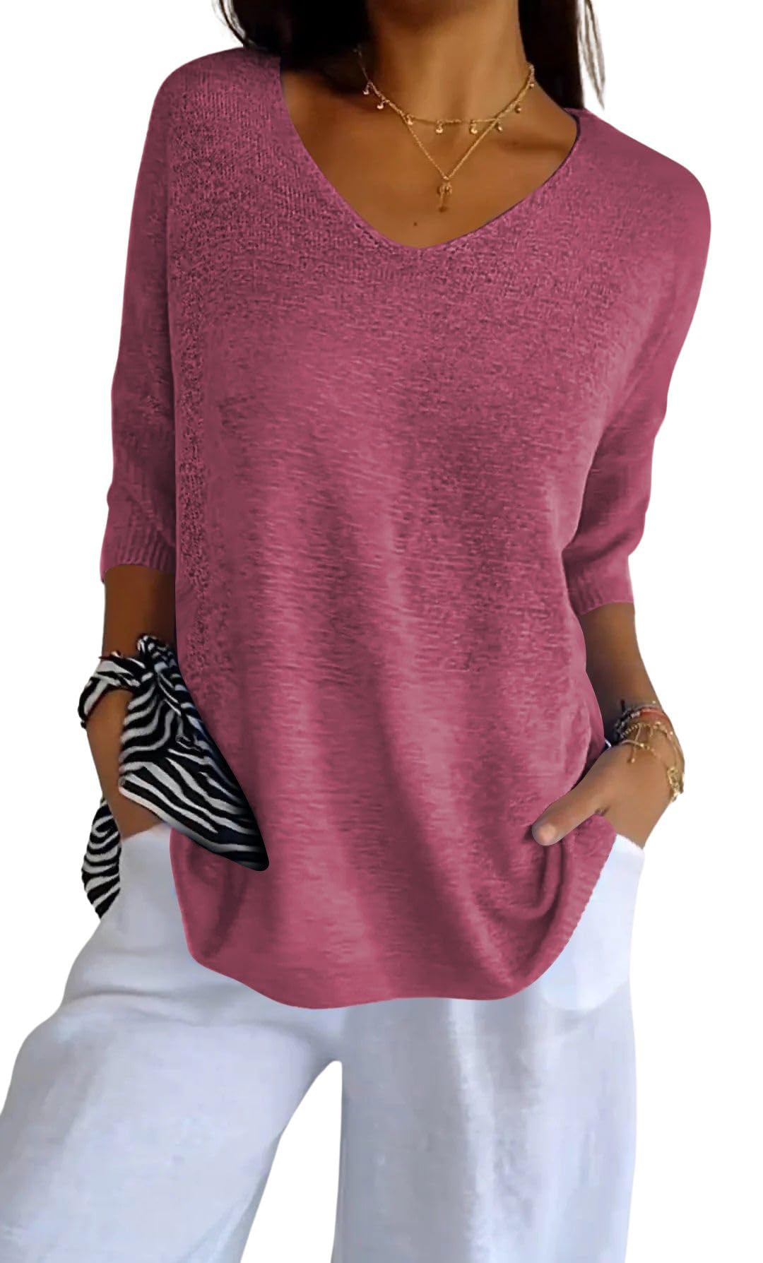 Womens Fall V Neck Sweaters Casual Loose 3 4 Sleeve Lightweight Knit Pullover Jumper Ladies Thinly Tops