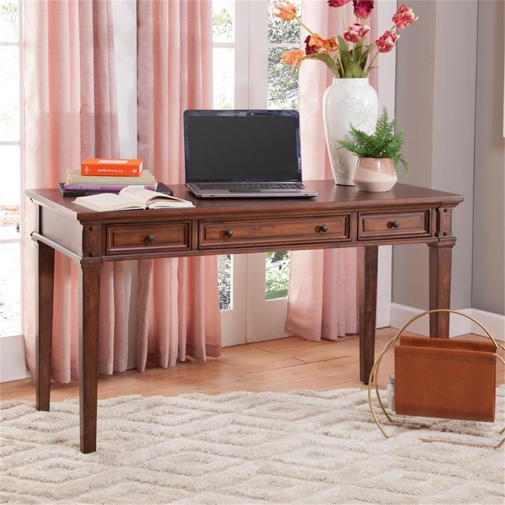 BOWERY HILL Traditional Wood Writing Desk, 50 in W x 24 in D x 30 in H, Rustic Cherry Finish, Kiln-Dried Hardwood and Mango Veneers, 3 Drawers with Antiqued Metal Knobs, Adjustable Floor Glides, Home