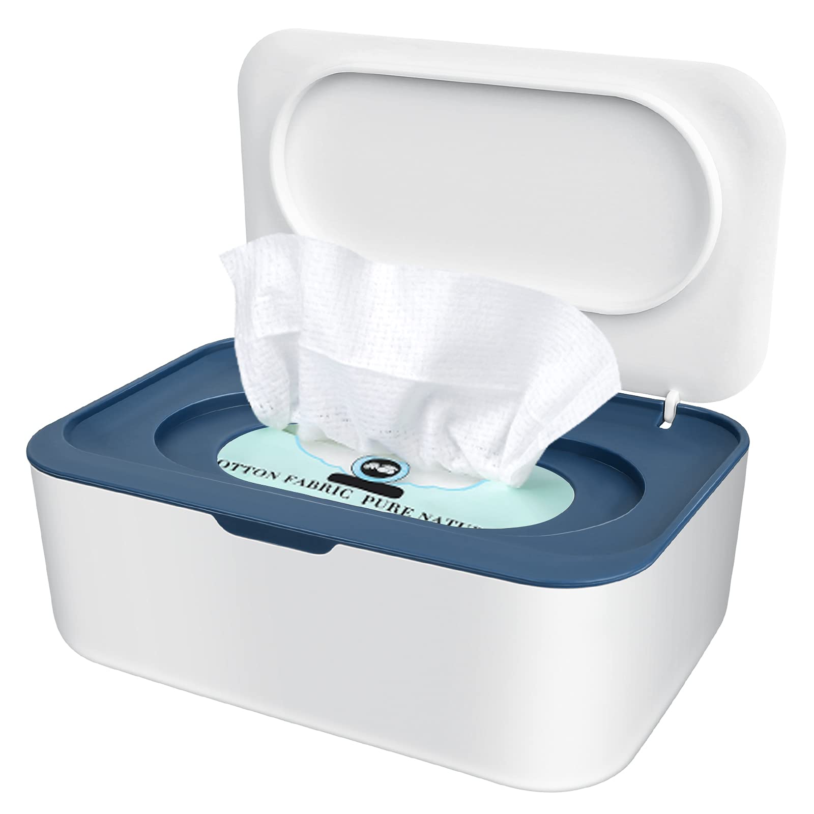VVEMERK Wipes Dispenser, Dustproof Tissue Storage Box Wet Wipes Dispenser Holder Portable with Lid Wipe Holder Keeps Wipes Fresh Modern Rectangular Wipe Container with Sealing Design (White+Blue)