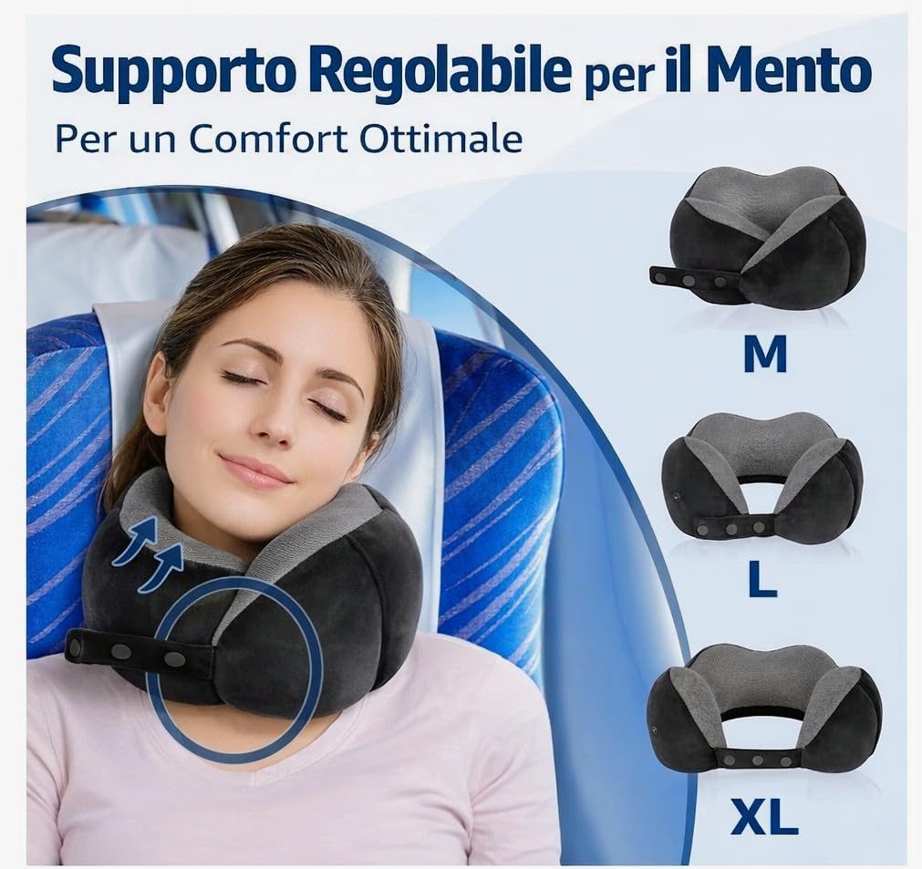Generico Cuscino da Viaggio Ergonomico 360° in Memory Foam, Supporto Regolabile 3 Misure, Traspirante e Lavabile, Set Completo con Mascherina, Tappi Orecchie e Custodia - 3