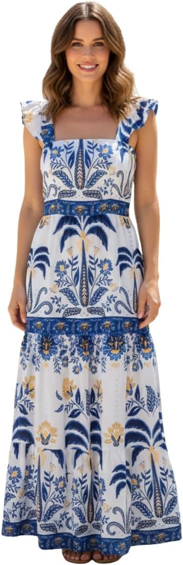 Vestido Longo Feminino Estampado Elegante Decote Quadrado