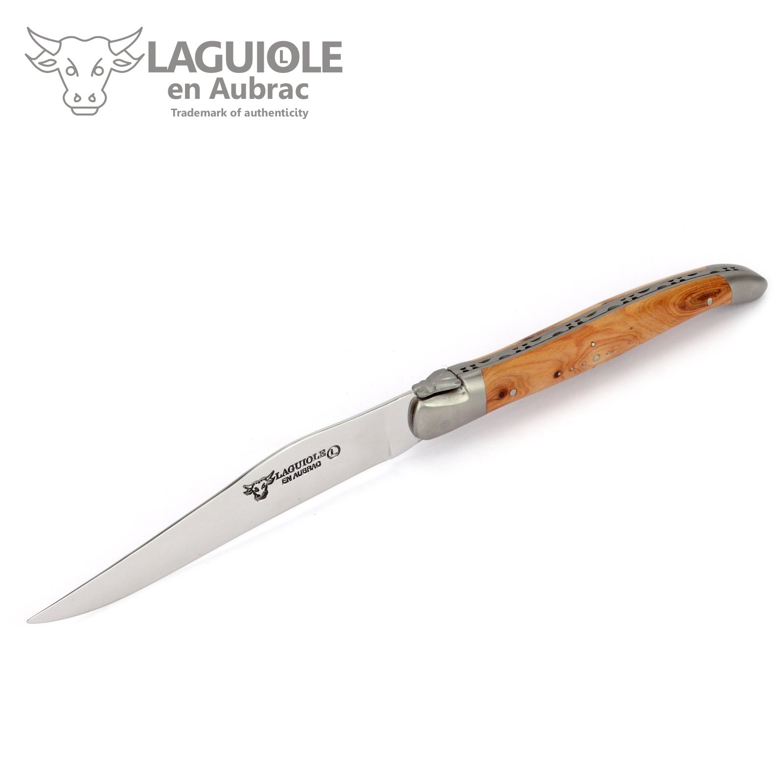 Laguiole en Aubrac - 1 Steakmesser und 1 Gabel im Besteck-Set - Griff Wacholder Holz - Original Frankreich mit Zertifikat