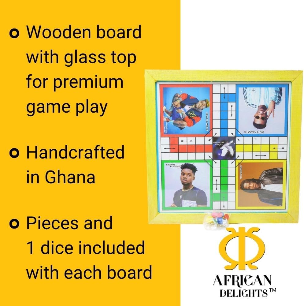 Premium African Ludu | 14in x 14in Board Game | Game Night Activity | Fun Easy Multi-Player Entertainment | Wood with Glass Top | African Cultural Figures Will Vary (2-Sided)