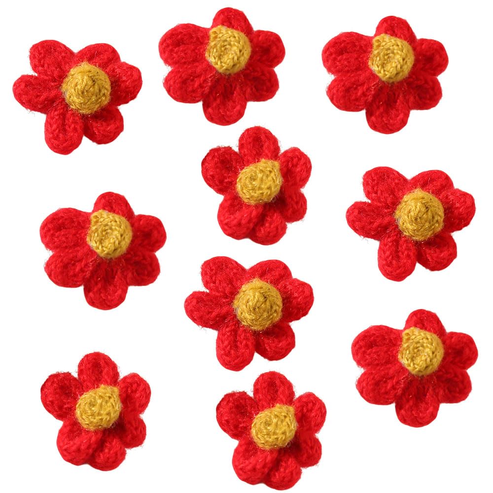 Leliafleury 10Pcs Red Crochet Flower Appliques Embellishments Handmade Crochet Floral Petals for DIY Crafts Clothes Decoration