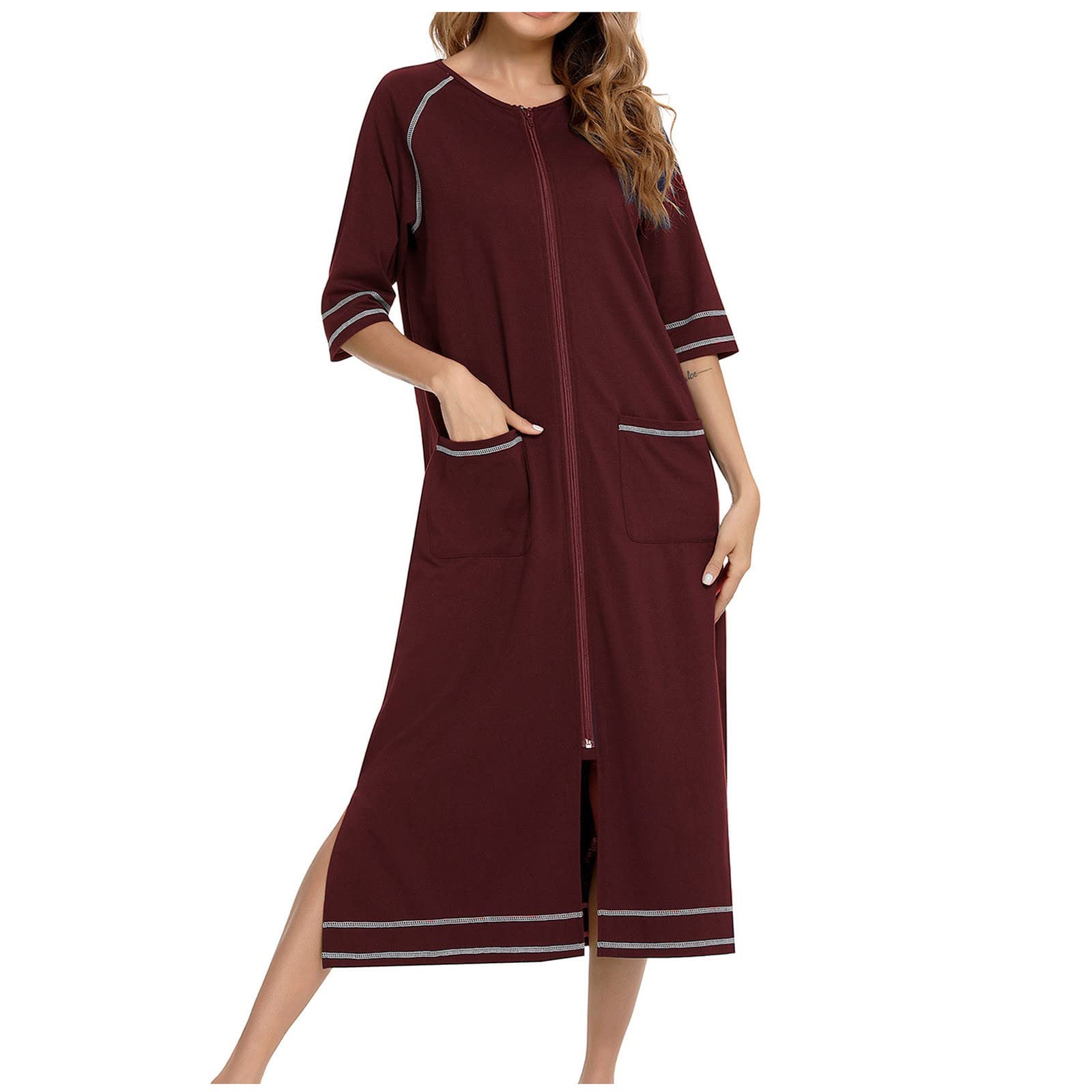 Robe de chambre en coton pour femme - Légère et douce - Avec fermeture éclair - Longueur totale - Confortable - Vêtement de détente