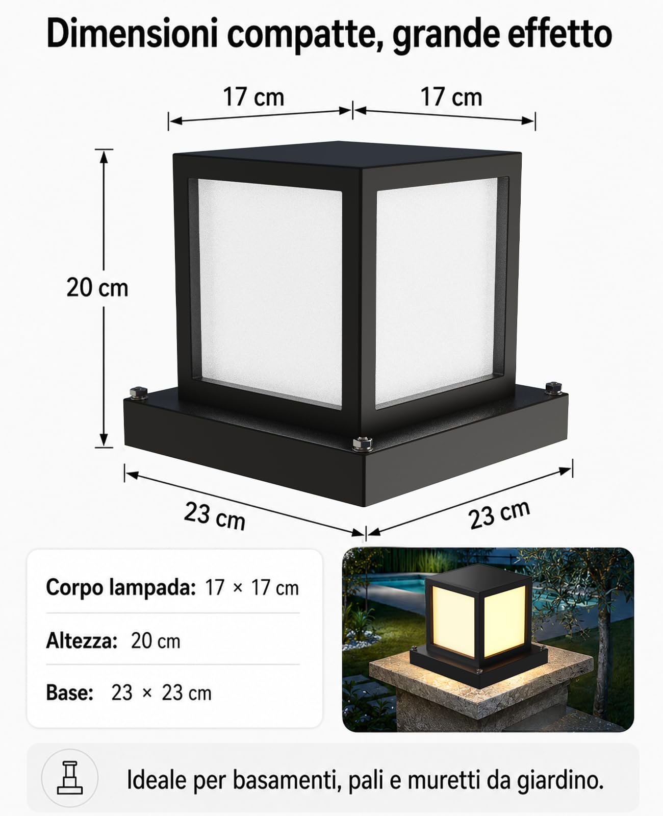 Lampioncino da Giardino Esterno E27 3000K Nero | LED 12W Lampada da Pilastro Esterno, Struttura in Metallo, 23 × 23 × 20 cm, per Vialetti, Patio e Terrazza