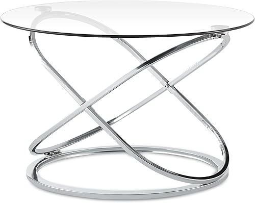 Miniatura 7 de Moderna mesa de centro redonda de cristal plateado, parte superior de vidrio templado de 26.7 pulgadas y base de patas cruzadas cromadas de lujo,