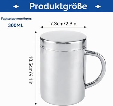 HERCHR 300 ml Double-Walled Stainless Steel Mug with Handle Stainless Steel Travel Mug Camping Thermal Mug Coffee Mug for Various Cold or Hot Drinks Such as Coffee Milk Tea Juice
