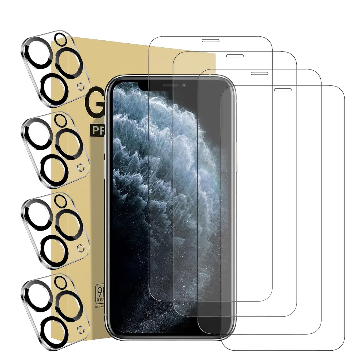 Paquete de 4 protectores de pantalla para Apple iPhone 11 Pro Max con 4 protectores de lente de cámara de vidrio templado, accesorios Ultra 9H, compatible con fundas, curvado 2.5D, transparente