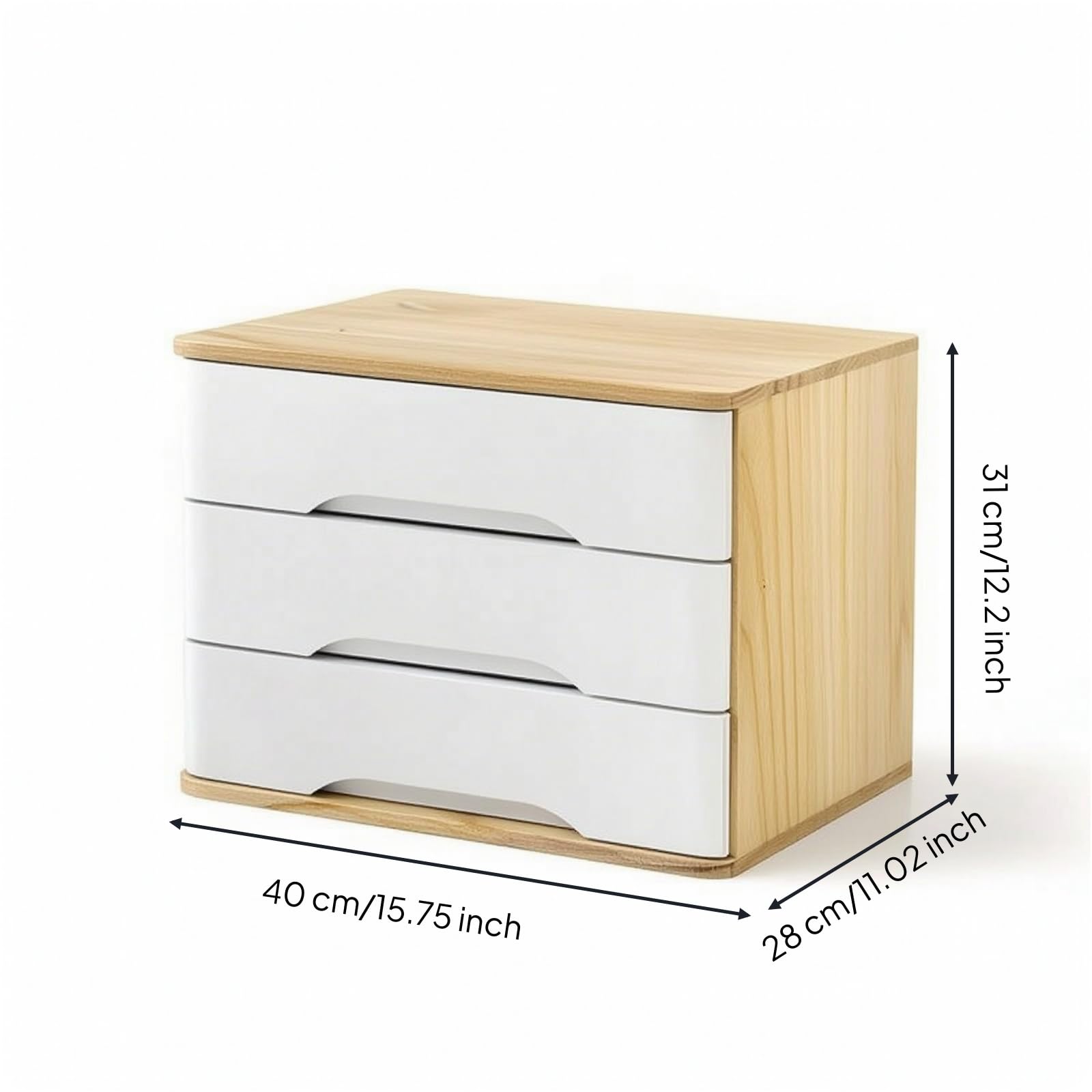 Mini Cassettiera in Legno Compatto Cassettiera da Tavolo Rettangolare Mobile per Professionisti, Legno Naturale + Bianco, 40 28 31CM