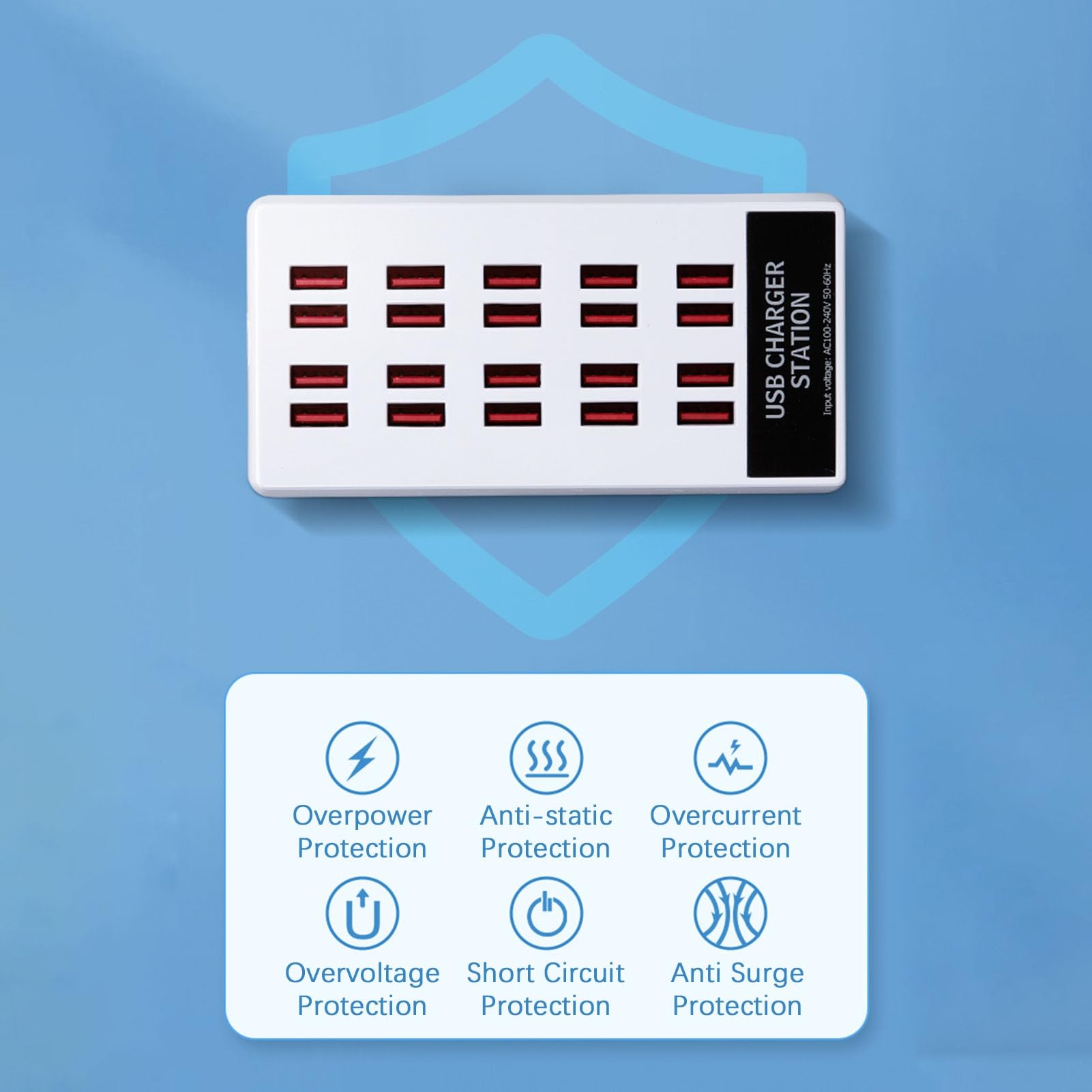Station de Charge USB, Station de Charge de Téléphone avec Chargeur de Bureau à Charge Rapide Station de Chargeur USB Haute Puissance 20 Ports Multiprise USB pour Une Charge