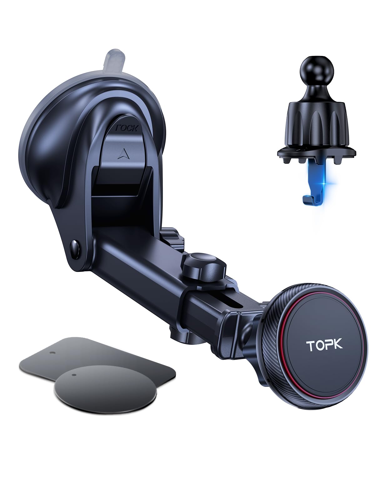 TOPK Car Phone Holder, Magnetic Phone Car Mount, 2in1 Phone Holder for Cars Air Vent Windshield Dashboard, Hook Clip Adjustable Telescopic Arm Phone Mount with Strongest Magnet for Cellphones