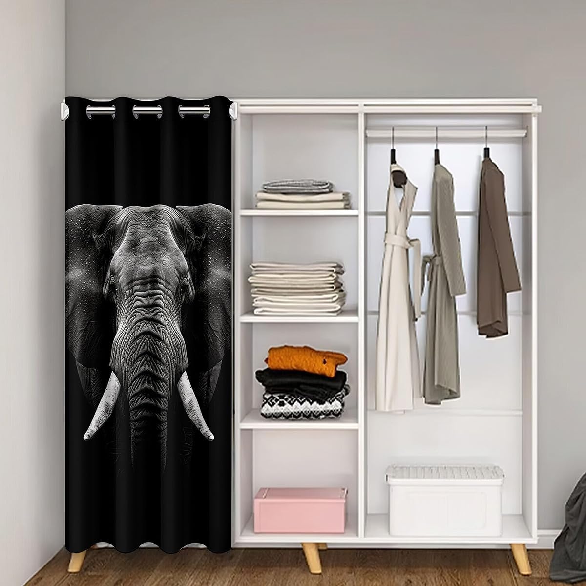 Elephant Door Curtain for Doorway Privacy 34"x80" 3D Wild Animal Pattern Window Treatments Home Decor Ethnic Elephant Print Black 30%-50% Room Darkening Blackout Curtains for Couch Living Room Bedroom
