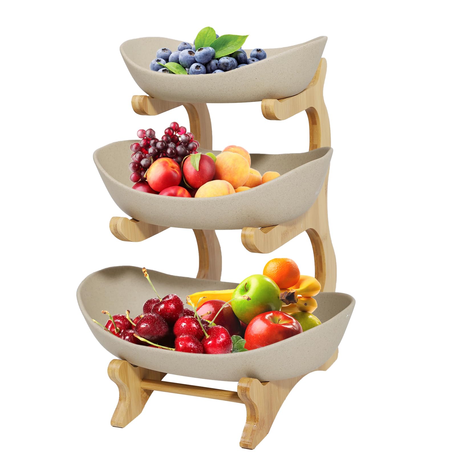 3 Tier Fruit Basket for Kitchen Counter – Ceramic Fruit Bowl Set with Bamboo Frame, Tiered Fruit Stand Organizer for Countertop Storage, Snack Holder
