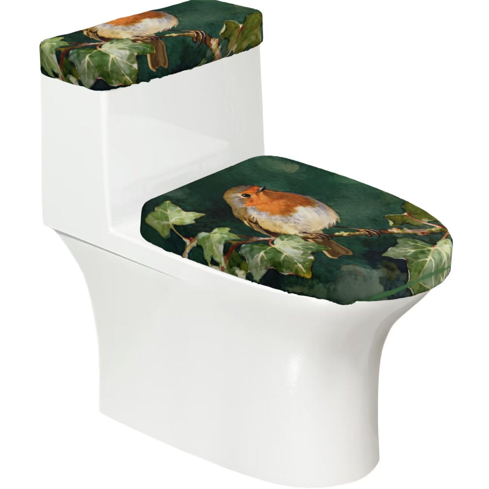 Red-Breasted Bird Elastic Toilet Cover Set of 2-Stretchy Lid and Tank Covers for Bathroom, Soft Washable U Shape Toilet Decor
