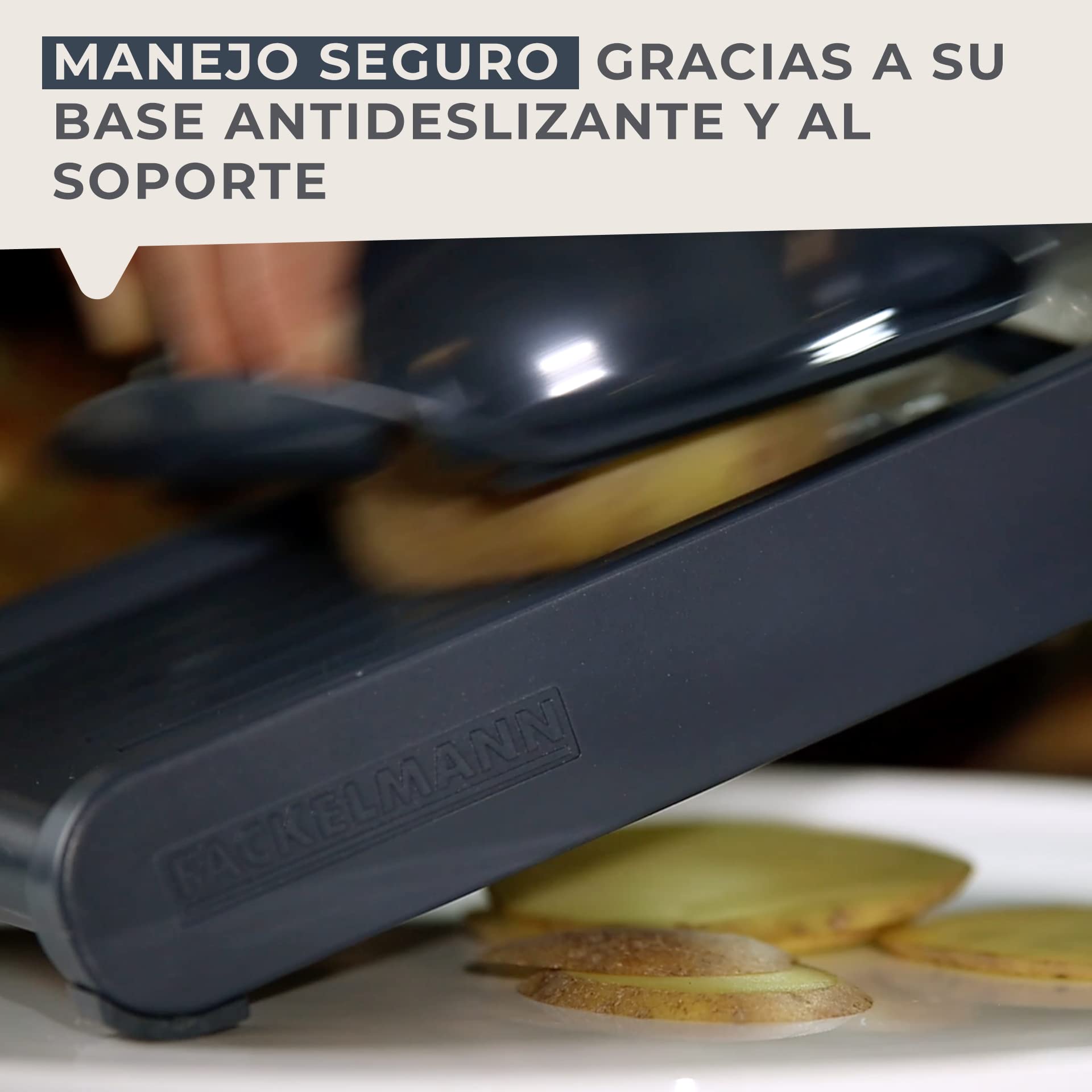FACKELMANN Mandolina de Cocina Regulable Profesional con salvadedos en plástico y acero inoxidable de admirables calidades, azul e inox, 6ud.