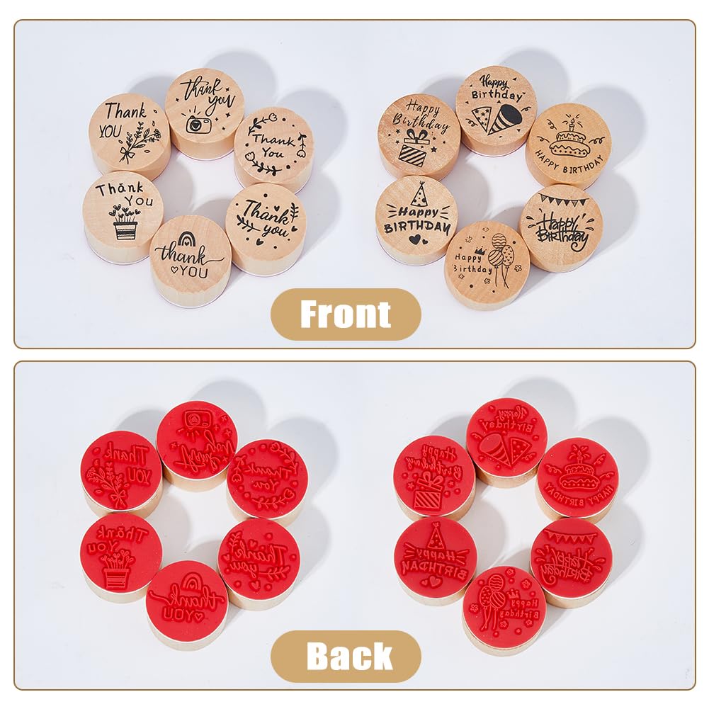 SUPERFINDINGS 2 Sets 12 Stück Holzstempel Holz Gummistempel Dankeschön-Stempel Happy Birthday Stempel für Dankesbriefe, Geburtstagskarten, Scrapbooking und Basteln, Durchmesser: 3 cm