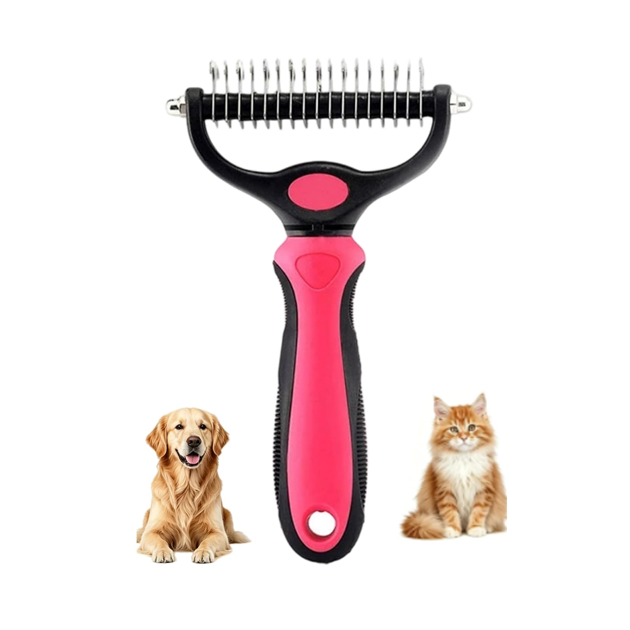 Dematting Comb for Dogs and Cats, Dual-Sided Deshedding Tool, Undercoat Rake Pet Brush for Long & Short Hair, Self Cleaning Grooming Comb Removes Tangles, Knots & Loose Fur (Pink)
