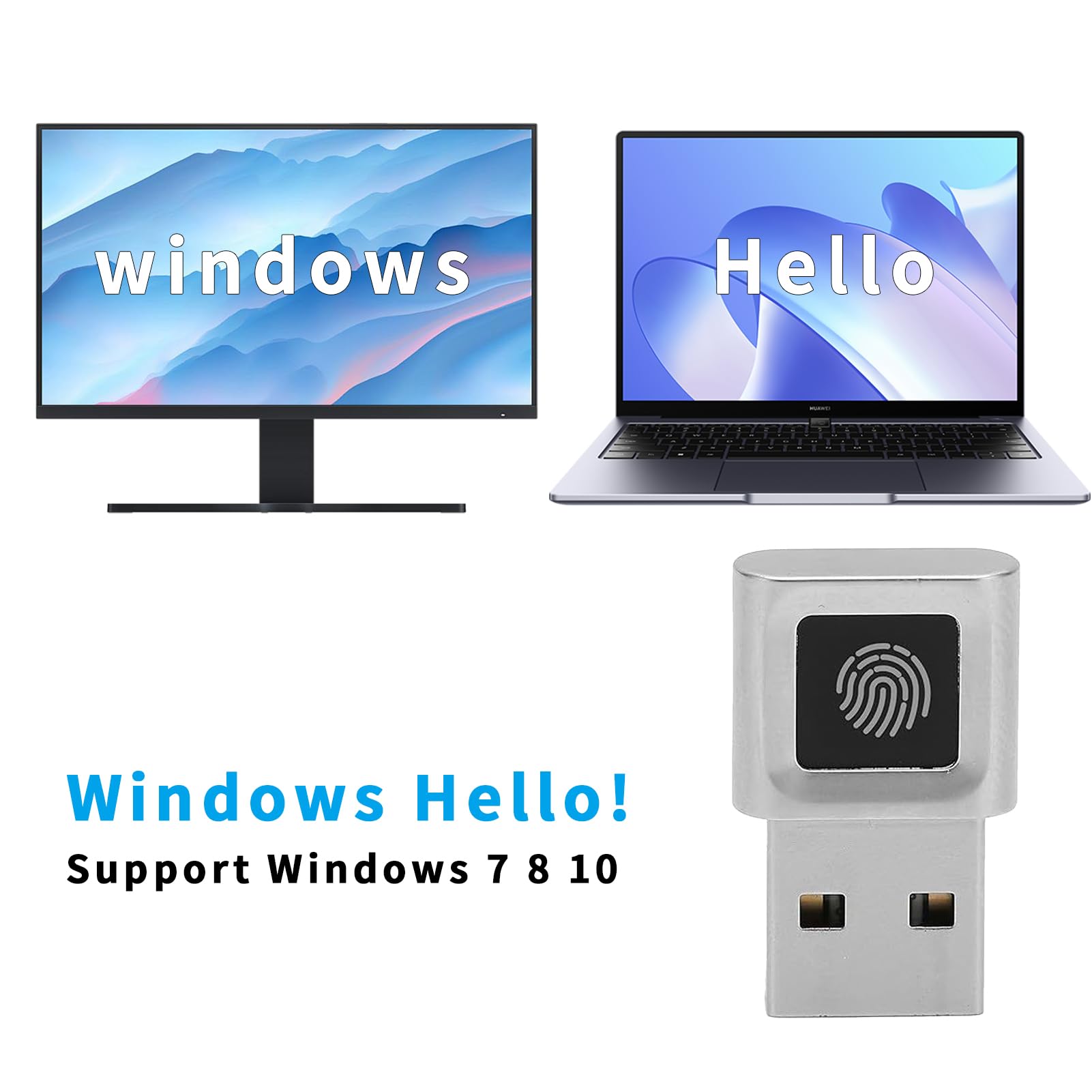 Lector de huellas dactilares USB, lector de huellas dactilares Windows Hello para Win10/11,360° BioMetric Touch, inicio de sesión y desbloqueo rápido y seguro para laptop Windows, PC de escritorio