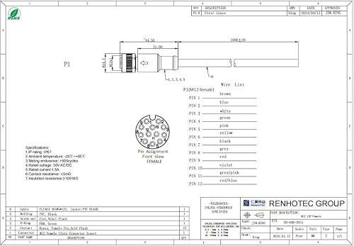 Miniatura 4 de Cable M12 A-Code Conector recto de cabeza hembra individual Cable eléctrico de enchufe de aviación (cable de 12 pines 1M3.3 pies)