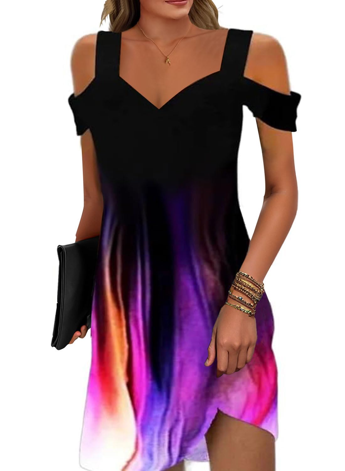 Soesdemo Womens Summer Dress Cold Shoulder V Neck Floral Printed 2025 Fashion Sundress with Pockets