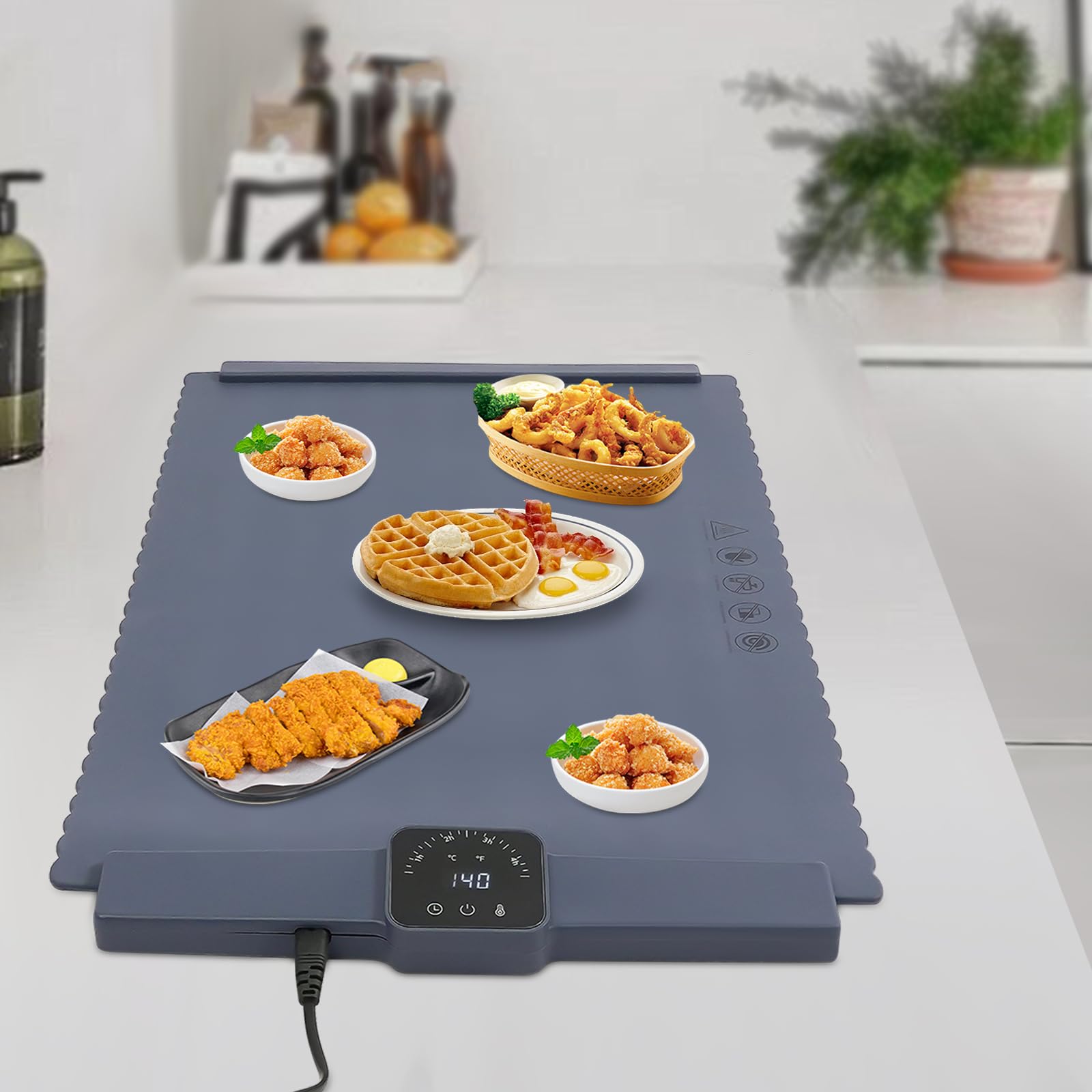 WooDerson Piastra riscaldante per alimenti, cuscino elettrico portatile per alimenti, tappetino termico elettrico con 5 impostazioni di temperatura, per buffet party, famiglia, 65 x 39 x 2,1 cm (blu)