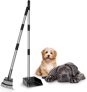 Sishynio Dog Pooper Scooper - Metal Pet Poop Tray & Rake, Poop Scooper Long Handle Stainless Metal Tray and Rake for Large Medium Small Dogs Heavy Duty （Black, 2 Pack）