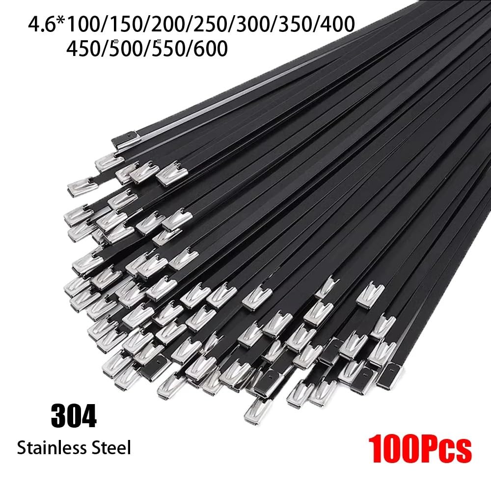 100 pezzi 304# fascette stringicavo nere in acciaio inossidabile autobloccanti resistenti alle alte temperature e all'ossidazione fascette da 4,6 mm(4.6x300mm)