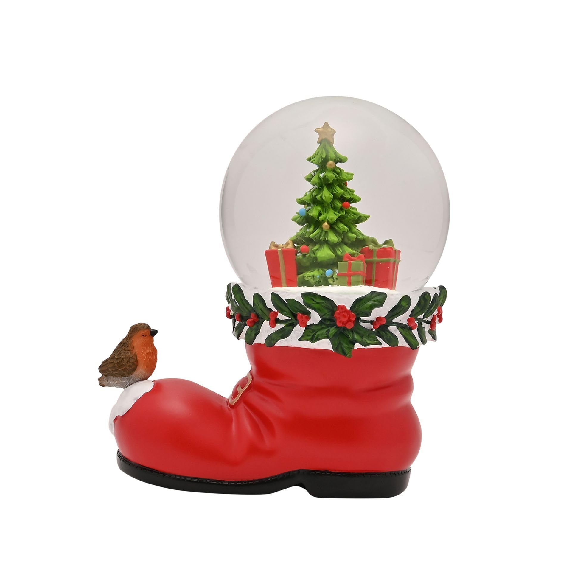Widdop and Co. - The Seasonal Gift Co. - Santa Boot With Robin Snowglobe Festive Christmas Decoration Ornament. Red, Green & White Xmas Homeware Indoor Festive Holiday Room Decor.