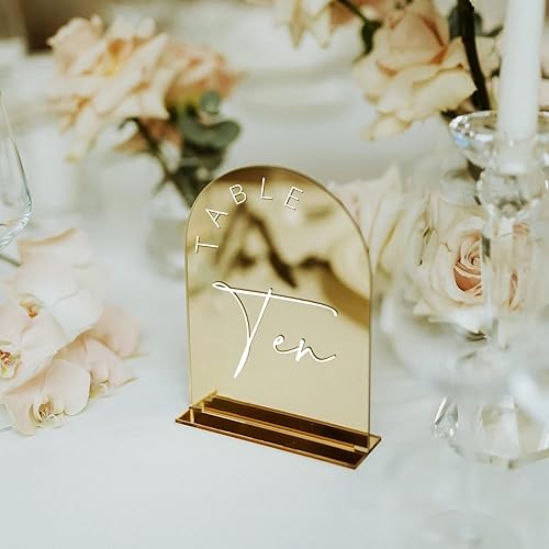 Miniatura 6 de Números de Mesa de Boda Arqueados con Espejo Dorado 1-15 con Soportes, Letrero de Arco Acrílico de 5x7 Pulgadas con Soporte, Números de Mesa de