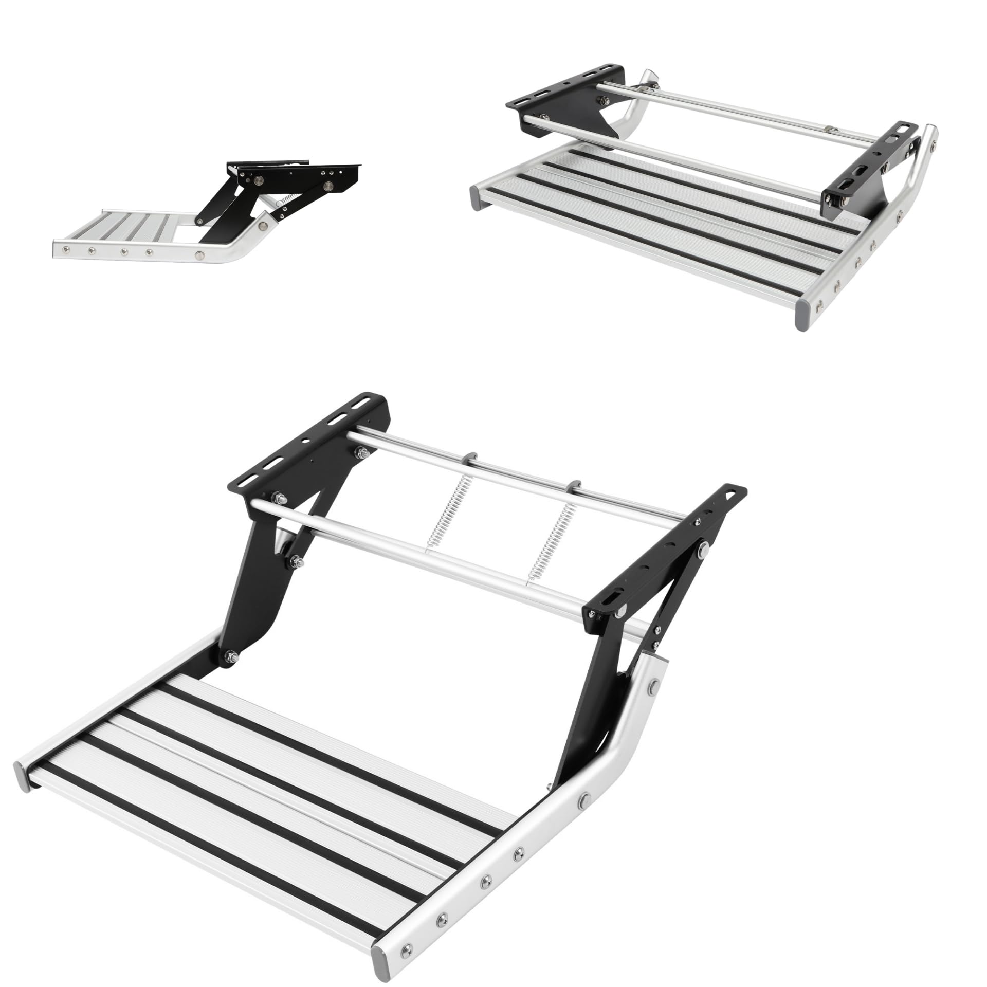 Trittstufe in Lega di Alluminio per Camper - Trittstufe Manuale Pieghevole da 55cm con Profilo Antiscivolo & Capacità di Carico 150kg, Ingresso RV per Roulotte/Camper (Argento/Nero)