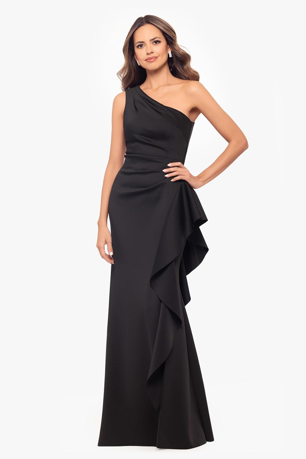 Xscape Womens One-Shoulder Gown with Cascading Ruffle Detail and Ruched Waist - Image 2