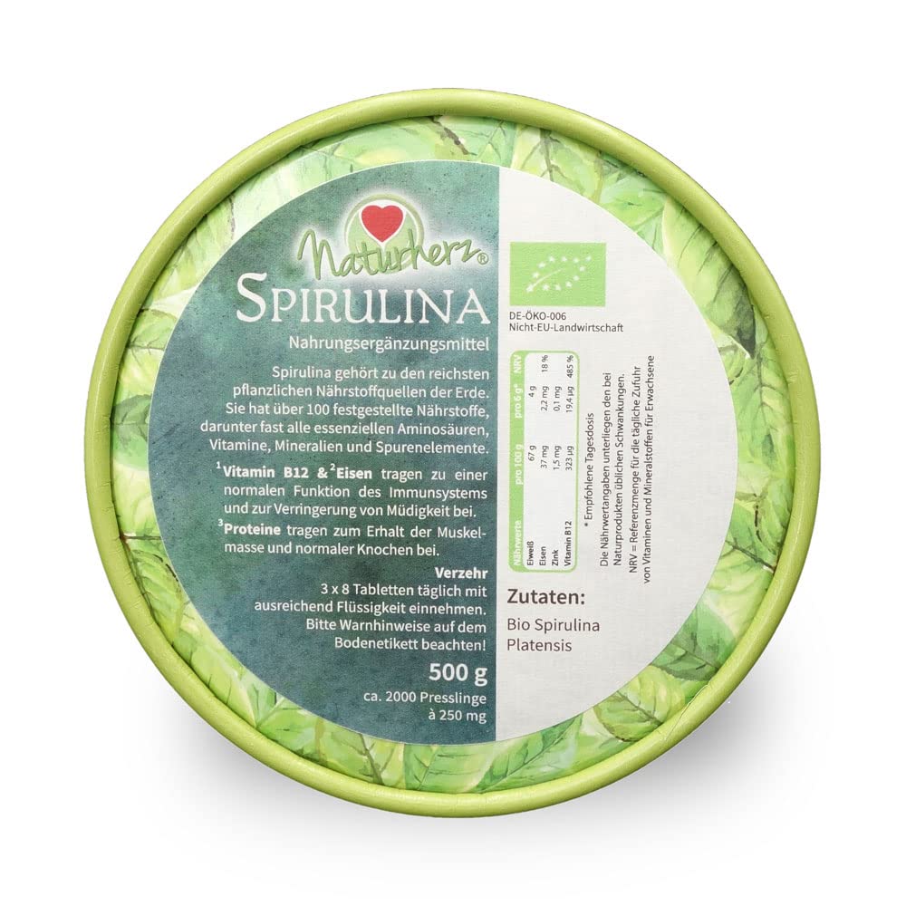 Naturherz BIO Spirulina Presslinge - Naturland-Zertifizierung - 2000 Stück - Tabletten je 250mg - 100% reine Spirulina Algen aus kontrolliert biologischem Anbau - vegan - 500 g
