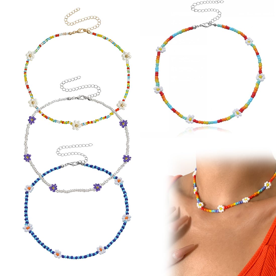 WUSJCOF 4 Pezzi Collane Estive Donna Perline Colorate Fiori Fatti a Mano Set Girocollo Boho Collana Ragazza Spiaggia Gioielli