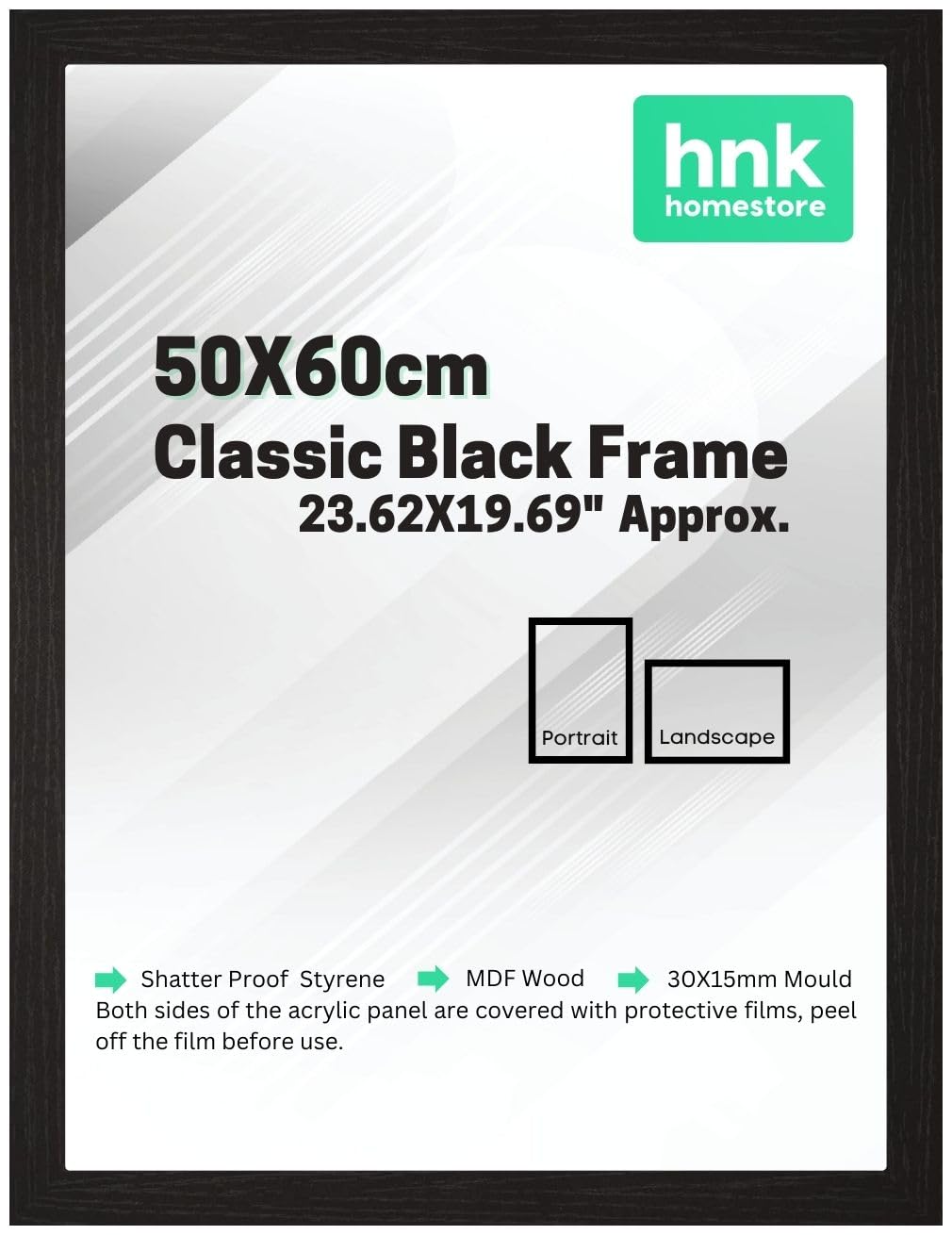 Hnk Homestore Black Hnk Classic Picture Poster Frame, 50X60cm Wood Finish, Portrait/Landscape Rectangle 23.62X19.69" Frame