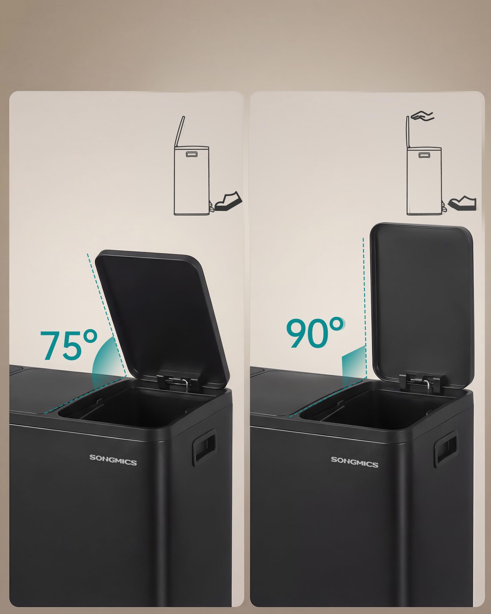 SONGMICS Kosz kuchenny, 2 x 15 l, 2-komorowy kosz do recyklingu z 15 workami na śmieci, wyjmowane wiadra wewnętrzne, pokrywa, uchwyty, miękkie zamknięcie, stal, czarny LTB130BZ02