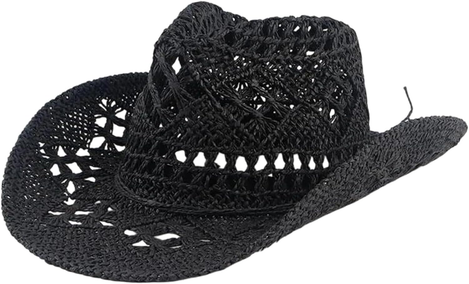 GYFGRTQ Hand-Woven Wide Brim Straw Cowboy Hat, Breathable Jazz Panama Cap for Beach Travel, Bk