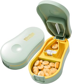 Pill Cutter, Pill Splitter for Small Pills - Easy Snap-Open, Green | Pill Cutter Splitter for Small Tiny Pills, Wrap-Around Blade Guard, Detachable Silicone Pad, Back Storage, Daily & Travel Use