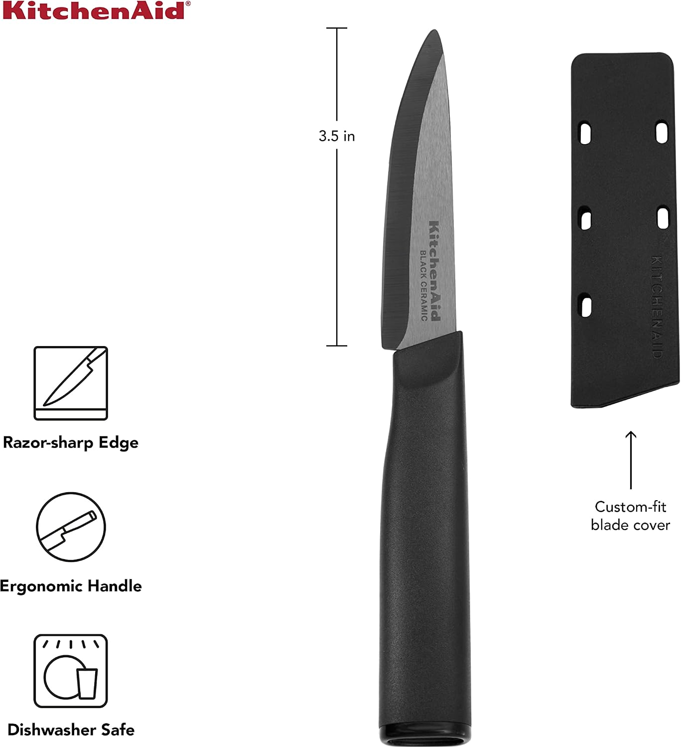 KitchenAid Classic Ceramic Paring Knife with Custom-Fit Blade Cover, Sharp Kitchen Knife, Dishwasher-Safe, 3.5-Inch, Black