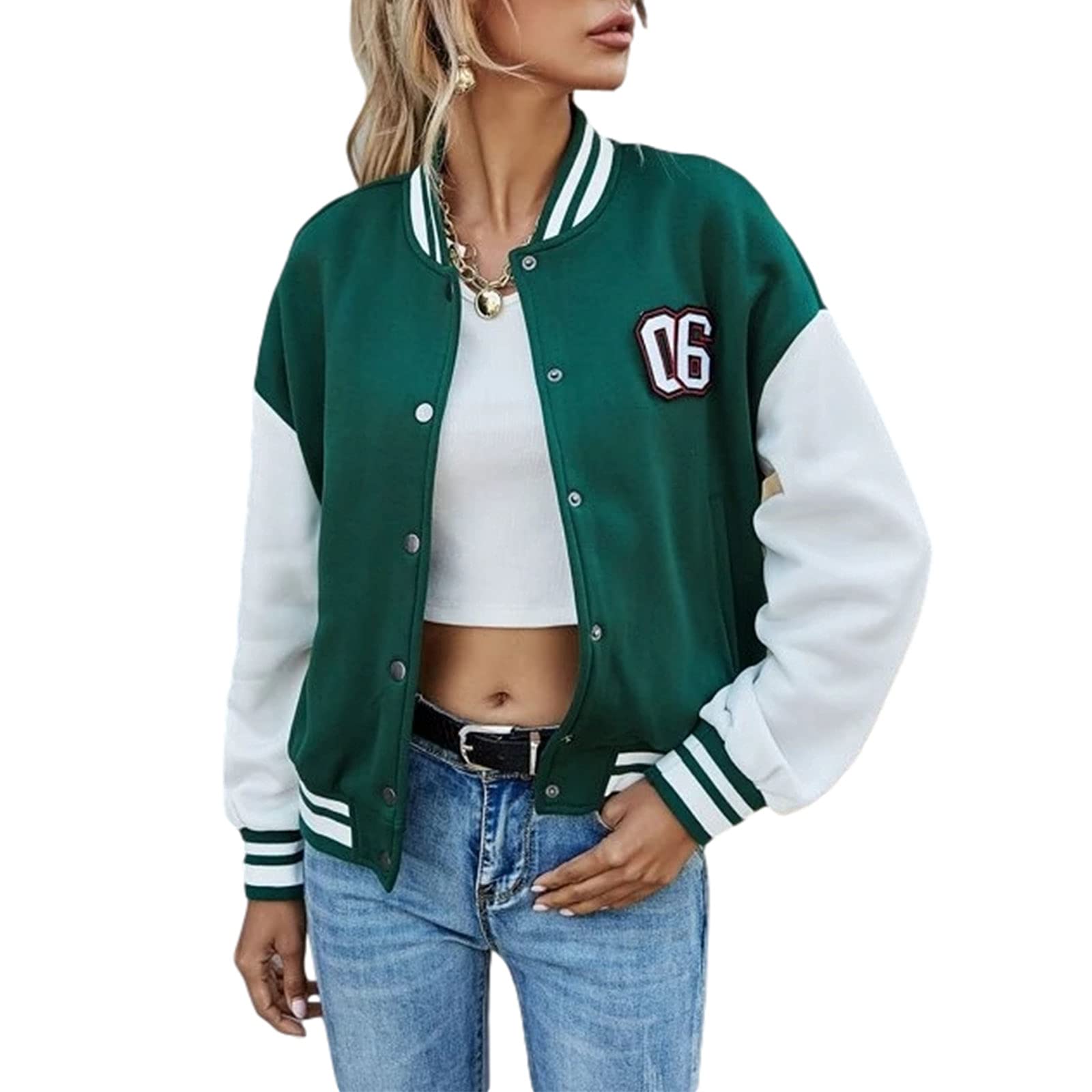 Damen Baseballjacke Y2k Oversized Bomberjacke Baseball Sport Mantel Langarm Brief Stickerei Knopf Jacke Oberbekleidung, grün, 36